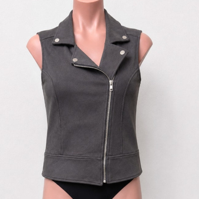 Level 99 Alexa Faux Suede Earl Gray Moto Vest Asymmetric Center Front Zip Medium
