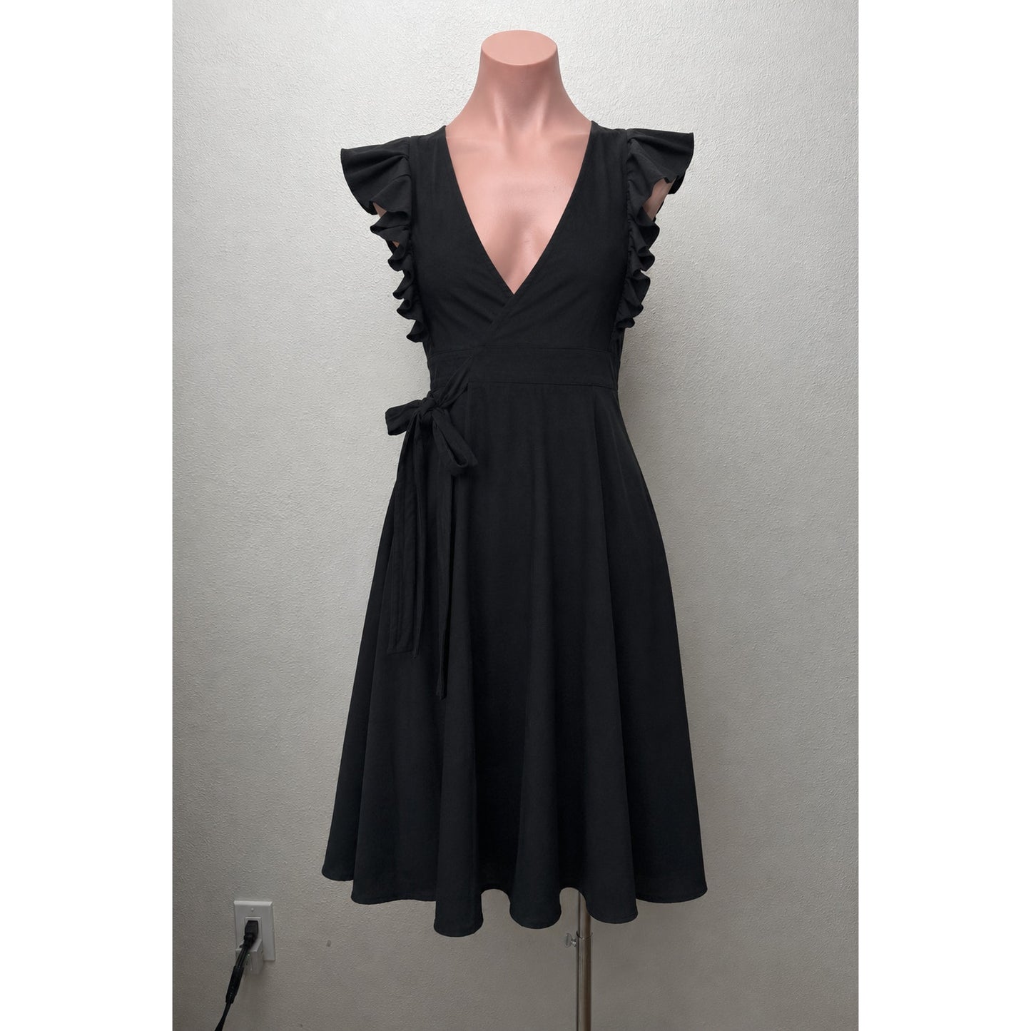 Subtropicalia Black Vera Ruffle Sleeveless Wrap Dress S