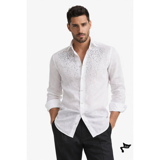 100% Capri Off White Dusty Blue Embroidered Pebble Rock Button Down Shirt XXL