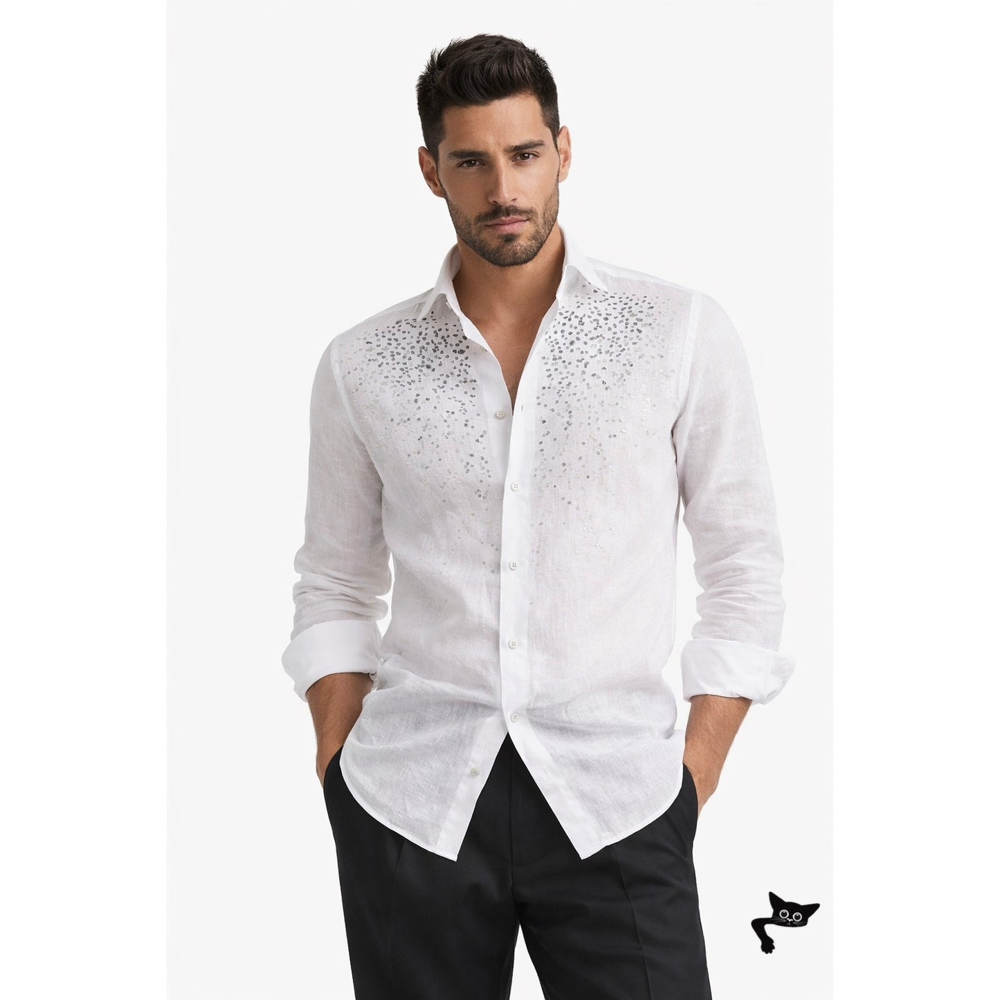 100% Capri Off White Dusty Blue Embroidered Pebble Rock Button Down Shirt XXL