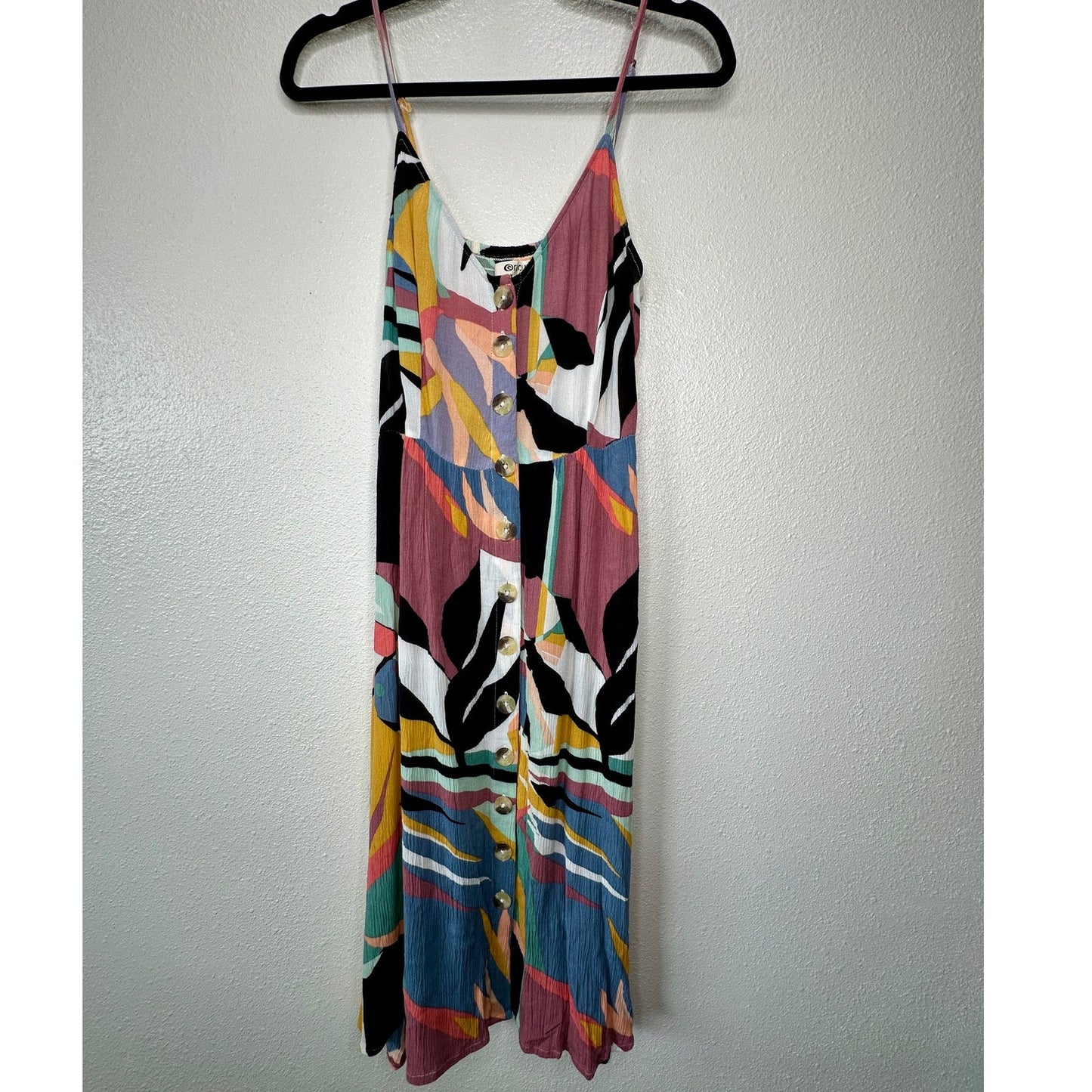 Rip Curl Black White Blue Abstract Tropical Print Button Front Swing Dress Boho M