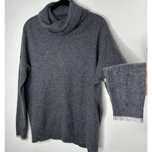 Three Dots 100% Cashmere Carbon Gray Boxy Turtle Neck Long Sleeve Sweater Small