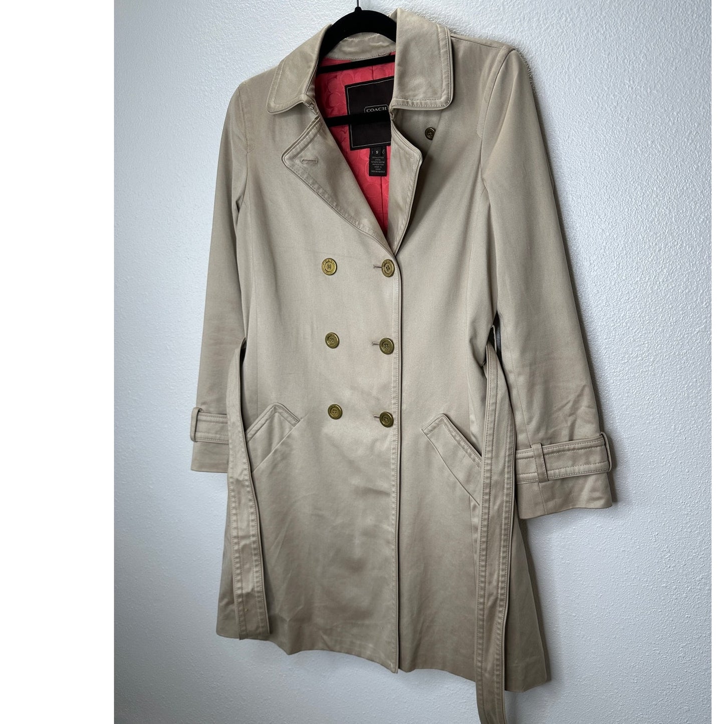 Coach Tan Double Breasted Tie Belt Trench Coat Gold Buttons Small