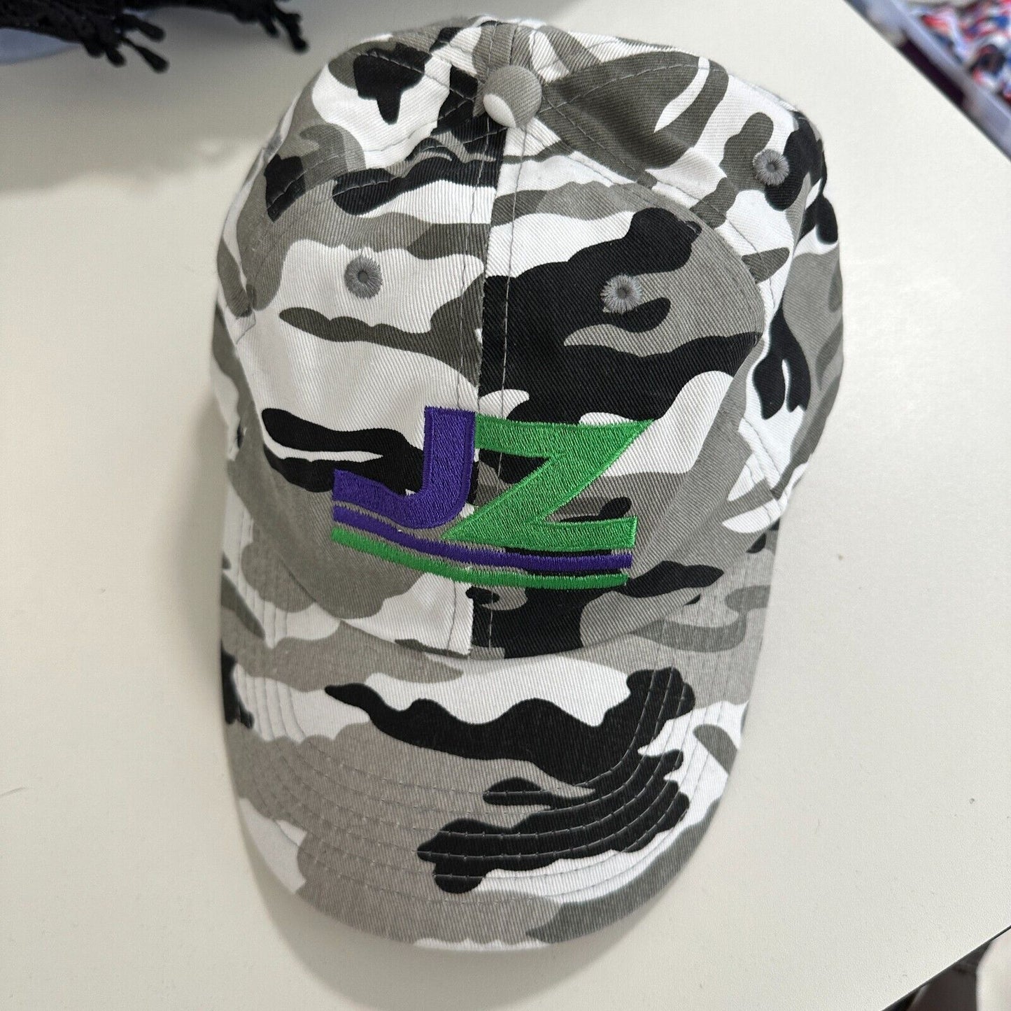JZ Black Gray White Camo 100% Cotton Adj Baseball Cap Purple and Green JZ Logo
