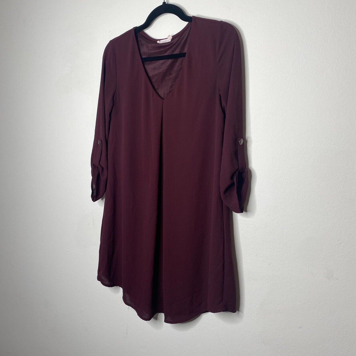 Lush Inverted Pleat V-Neck Plum Drapey Shirt Tail Dress 3/4 Tab Sleeves XS