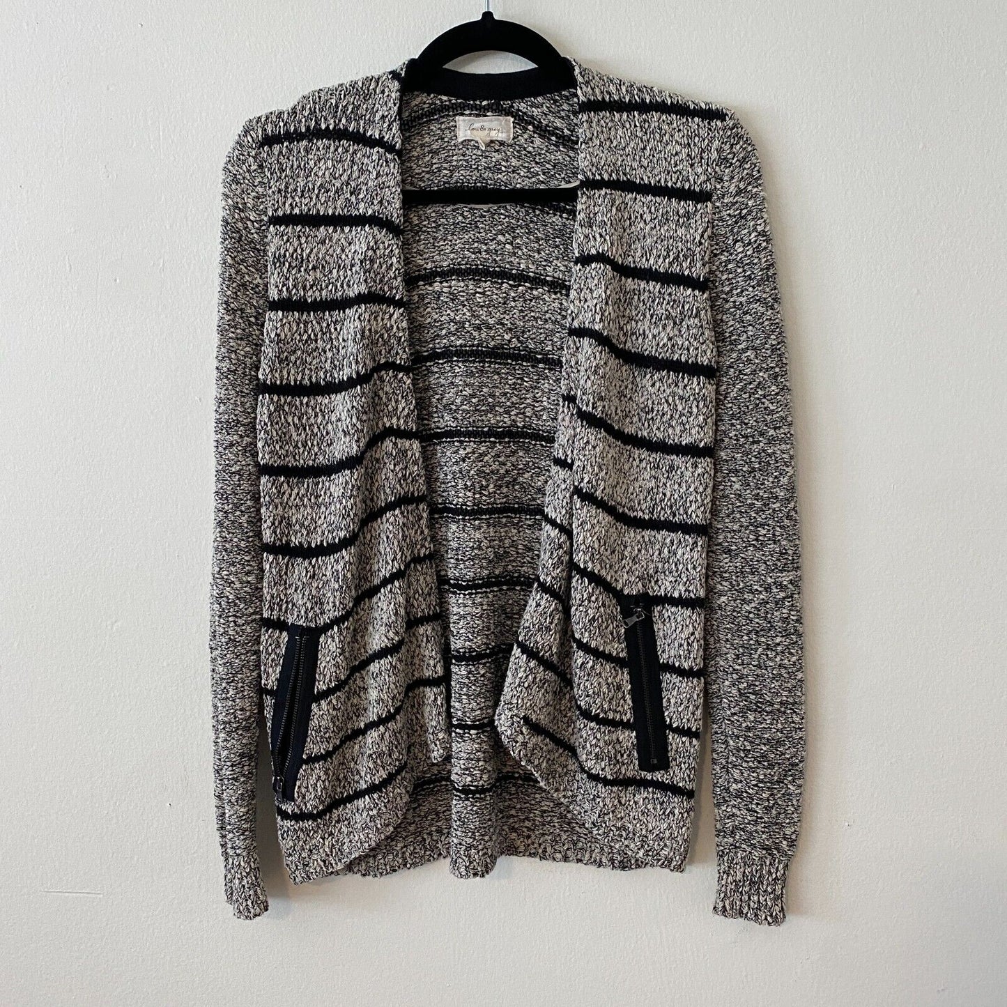 Lou & Grey Chunky Knit Black & Gray Off White Stripe Open Cardigan Zip Pocket XS