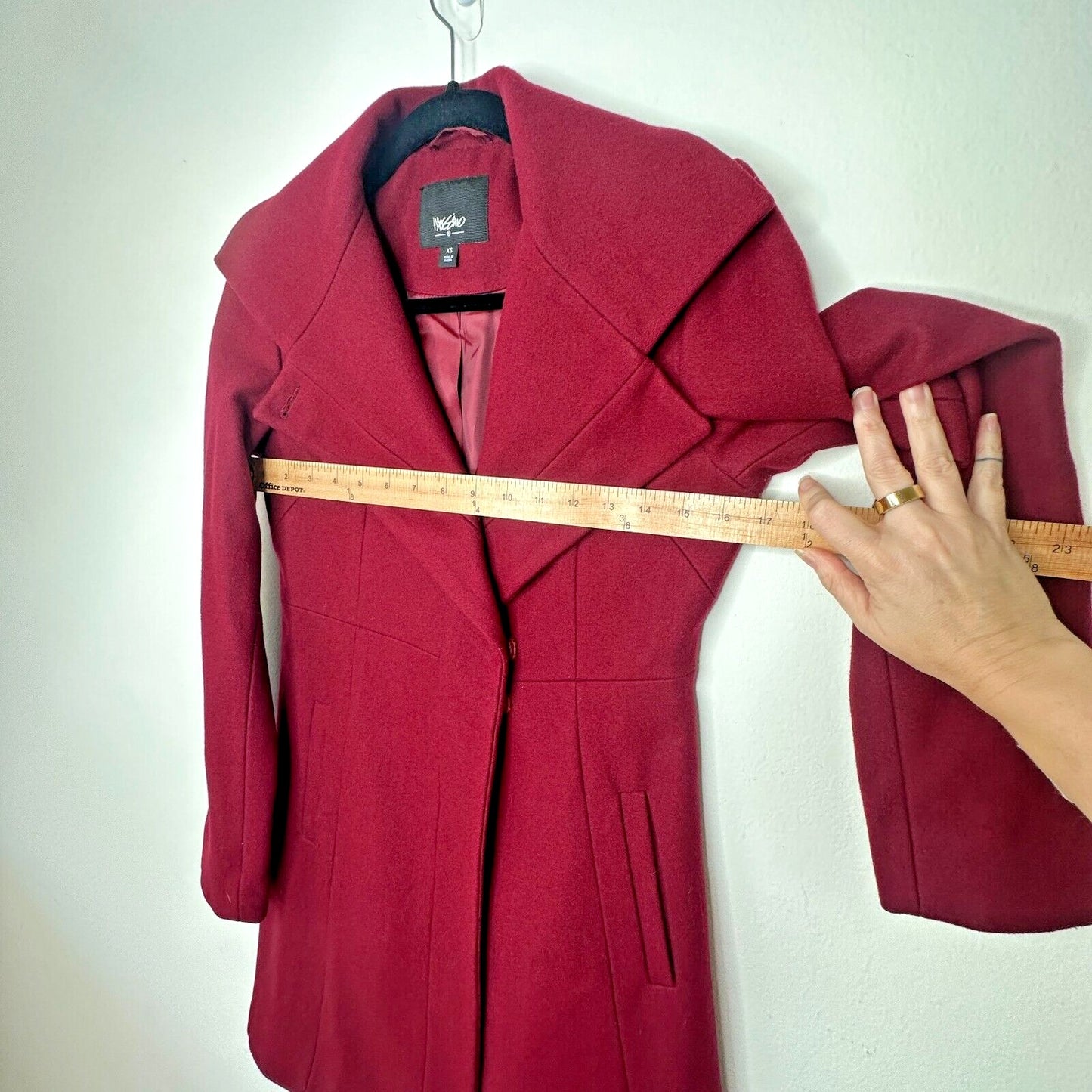 Mossimo Burgundy Red Wool Fitted Long Line Front two Button Coat Welt Pockets XS