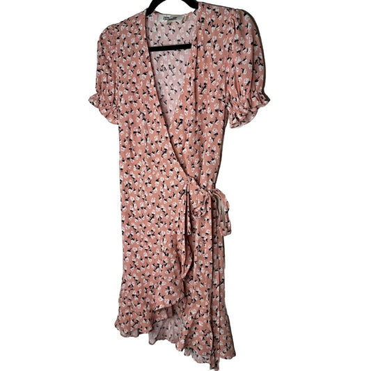 Diane Von Furstenberg Peach White Black Floral Ruffled Wrap Mini Puff Sleeve SM