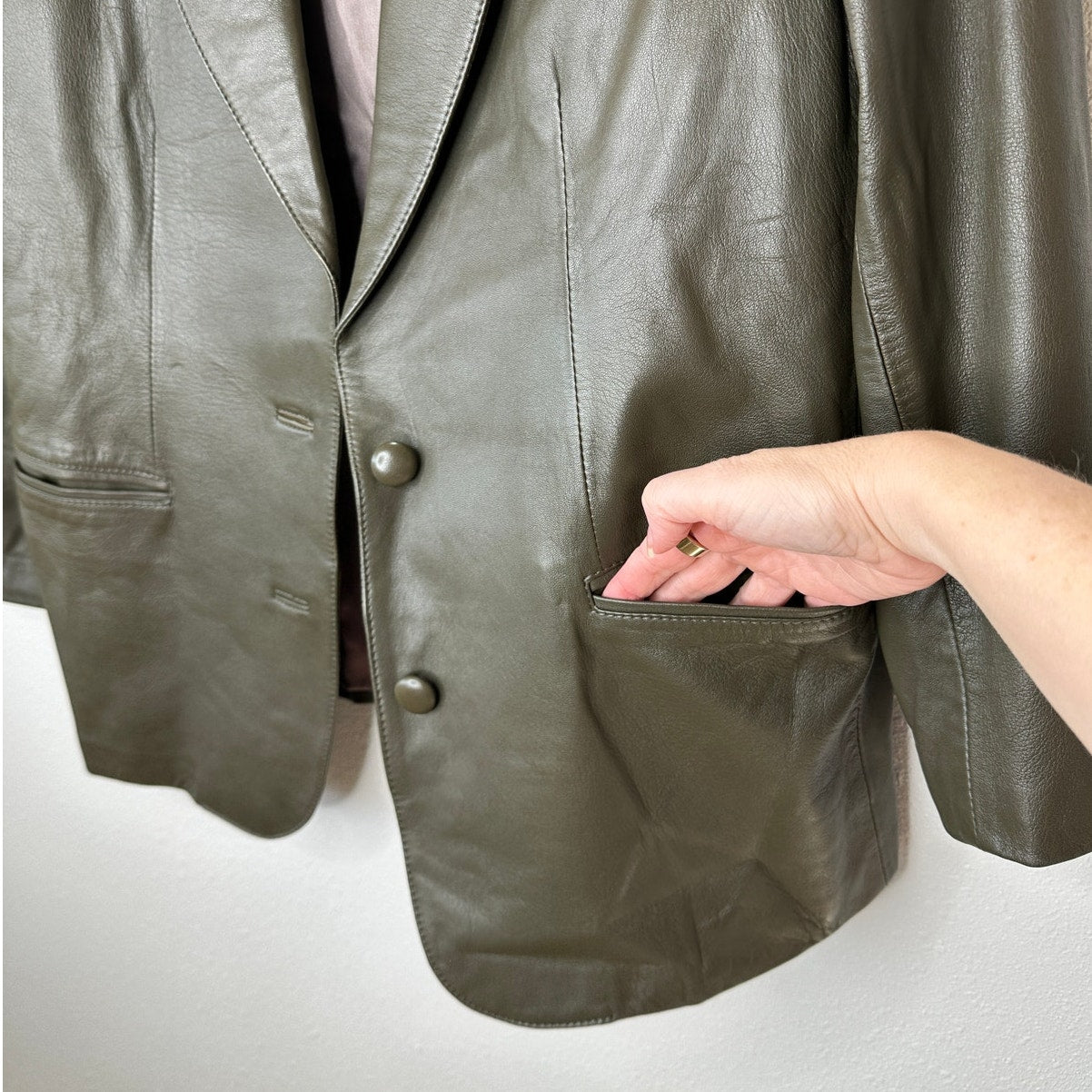 Faux Leather Green Brown Collared Front Button Blazer Jacket XL