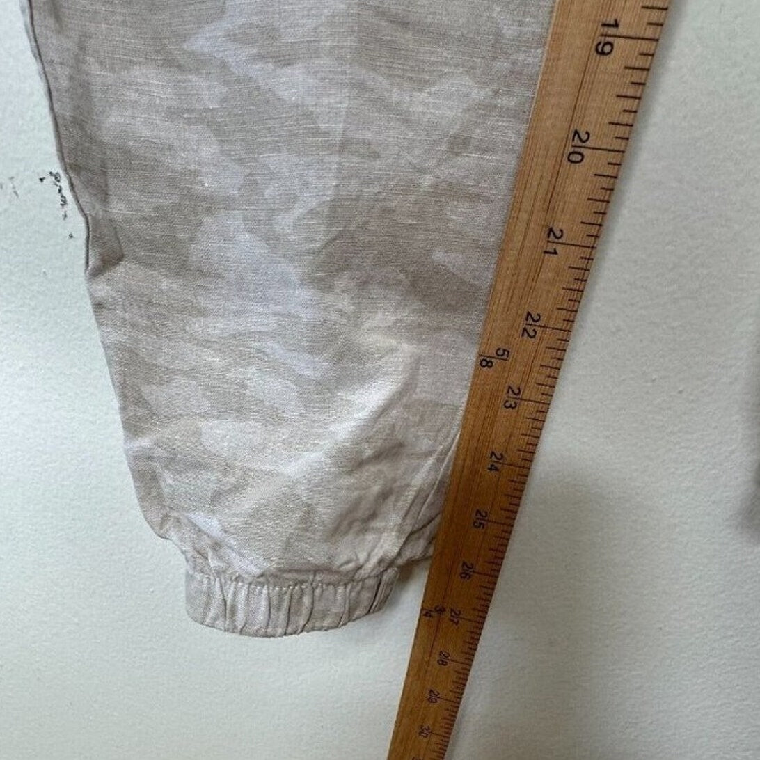 Athleta Cream & Tan Camo Cabo Print Tied Linen Jogger Pant Zip Front Pockets 4