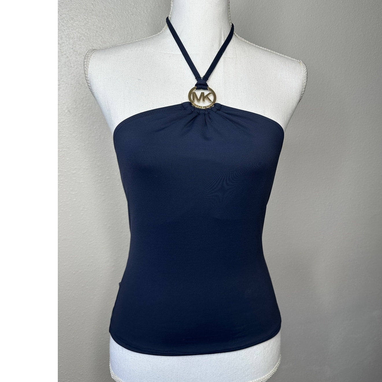 Michael Kors Navy Blue Halter Tankini Top XS Gold MK Logo Hardware Swimwear