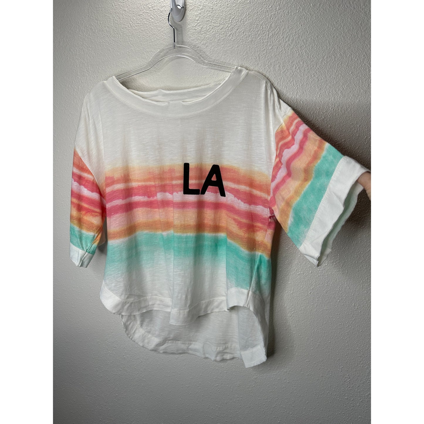 Daily Practice Ivory Peach Teal Striped LA logo High Low Tee XXS
