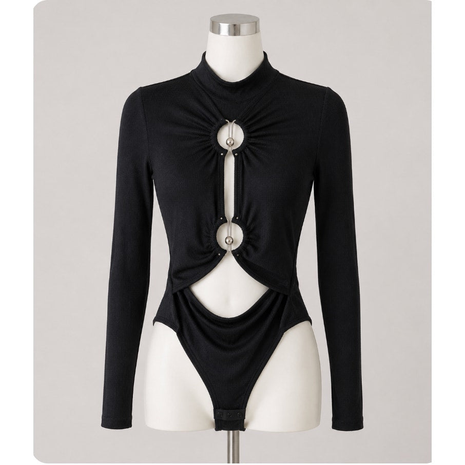 Sophie Anne Keyhole Black Bodysuit Gold Tone Hardware Long Sleeve Rib Knit 2