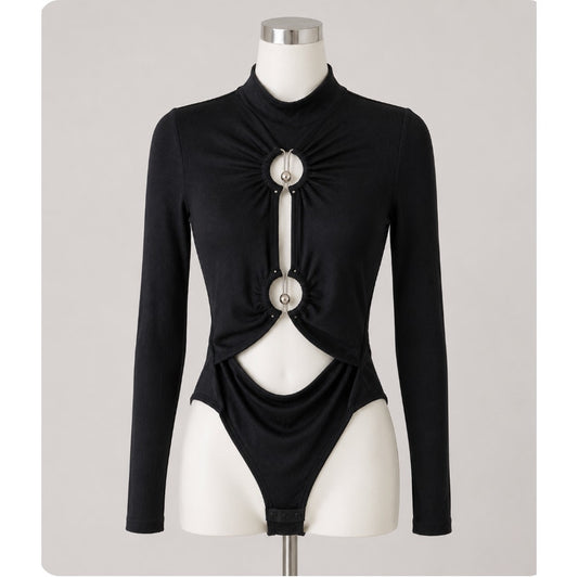 Sophie Anne Keyhole Black Bodysuit Gold Tone Hardware Long Sleeve Rib Knit 2
