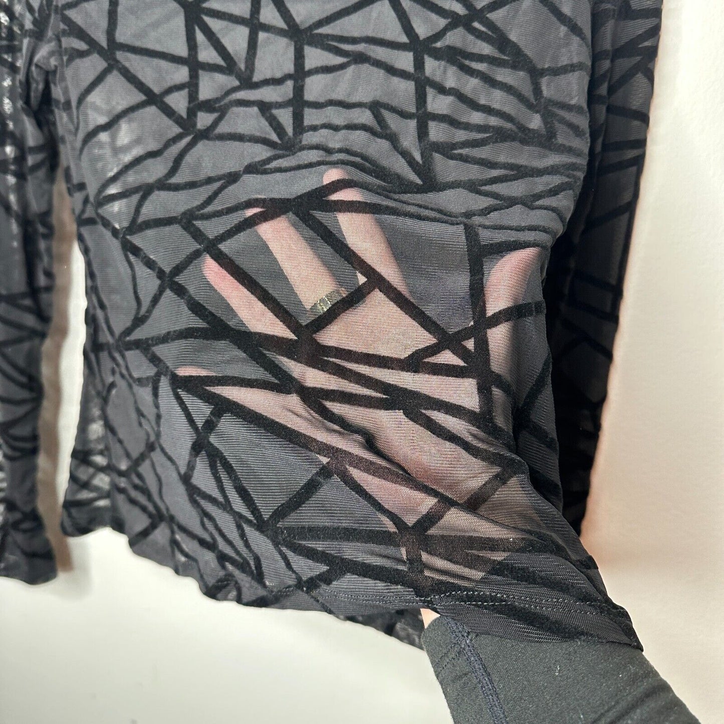 Jet Black Geometric Stripe Sheer Mesh Long Sleeve Mock Neck Stretch Blouse M