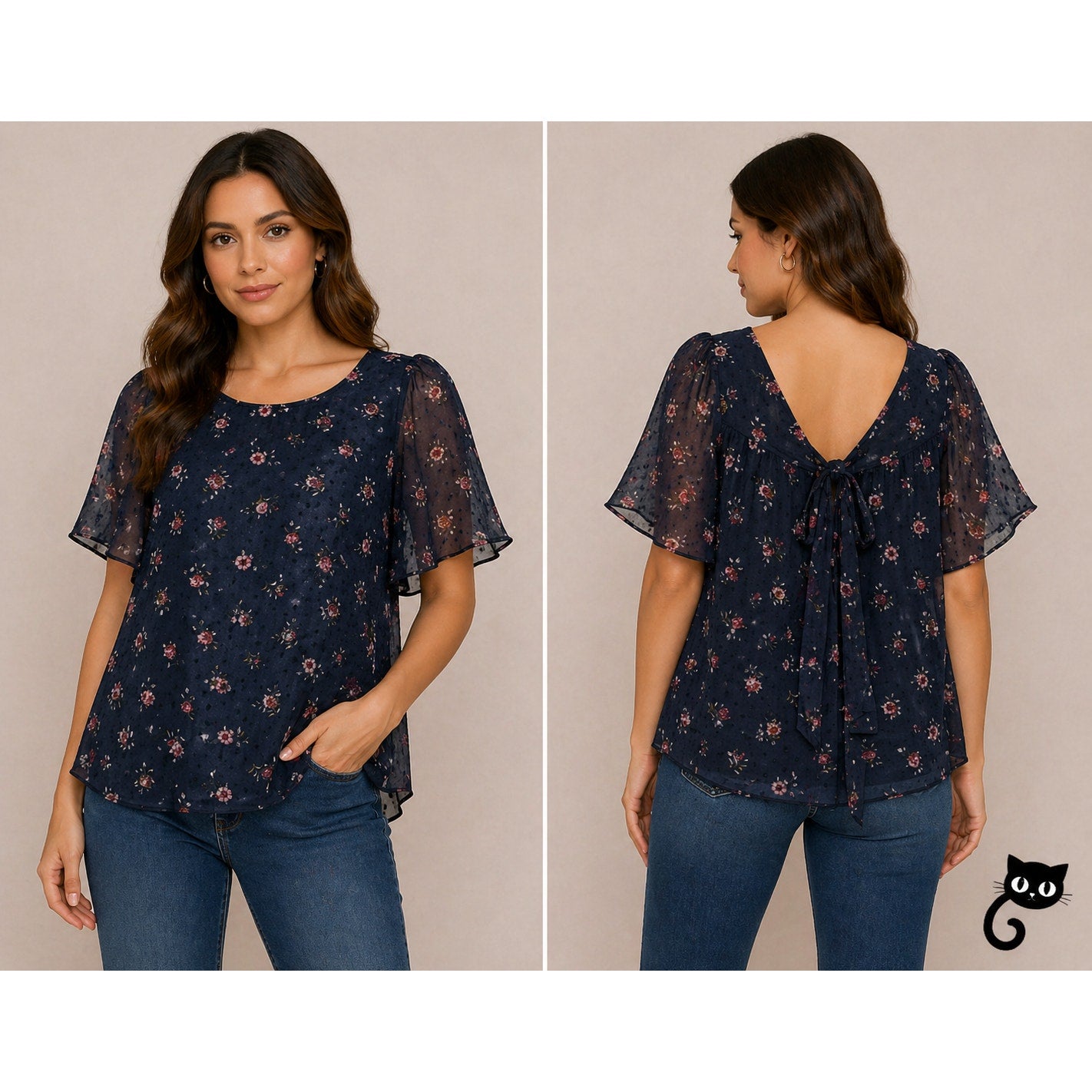 Loft Cute Black Floral Print Round Neck Short Sleeve V-Back With Ties Blouse XXS
