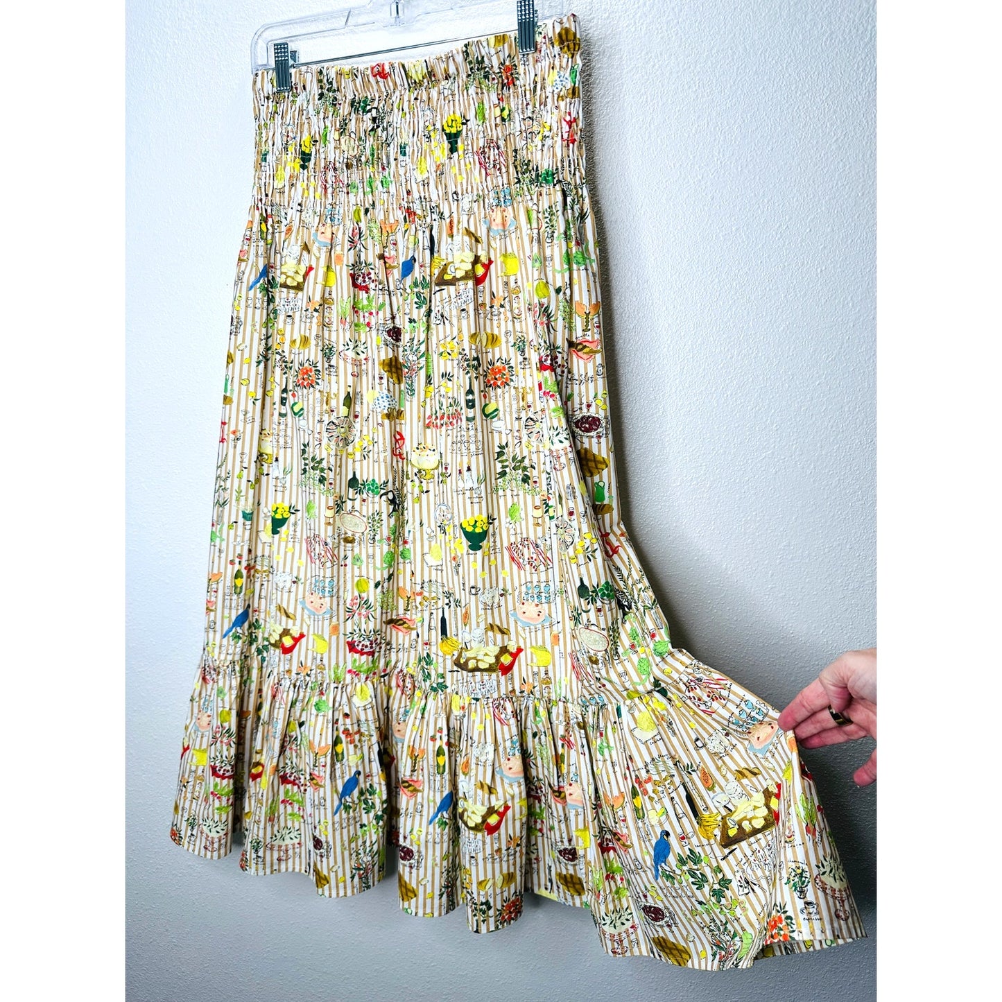 Rhode Artie Shirred Waist Ruffle Hem Printed Cotton Poplin Midi Skirt XL