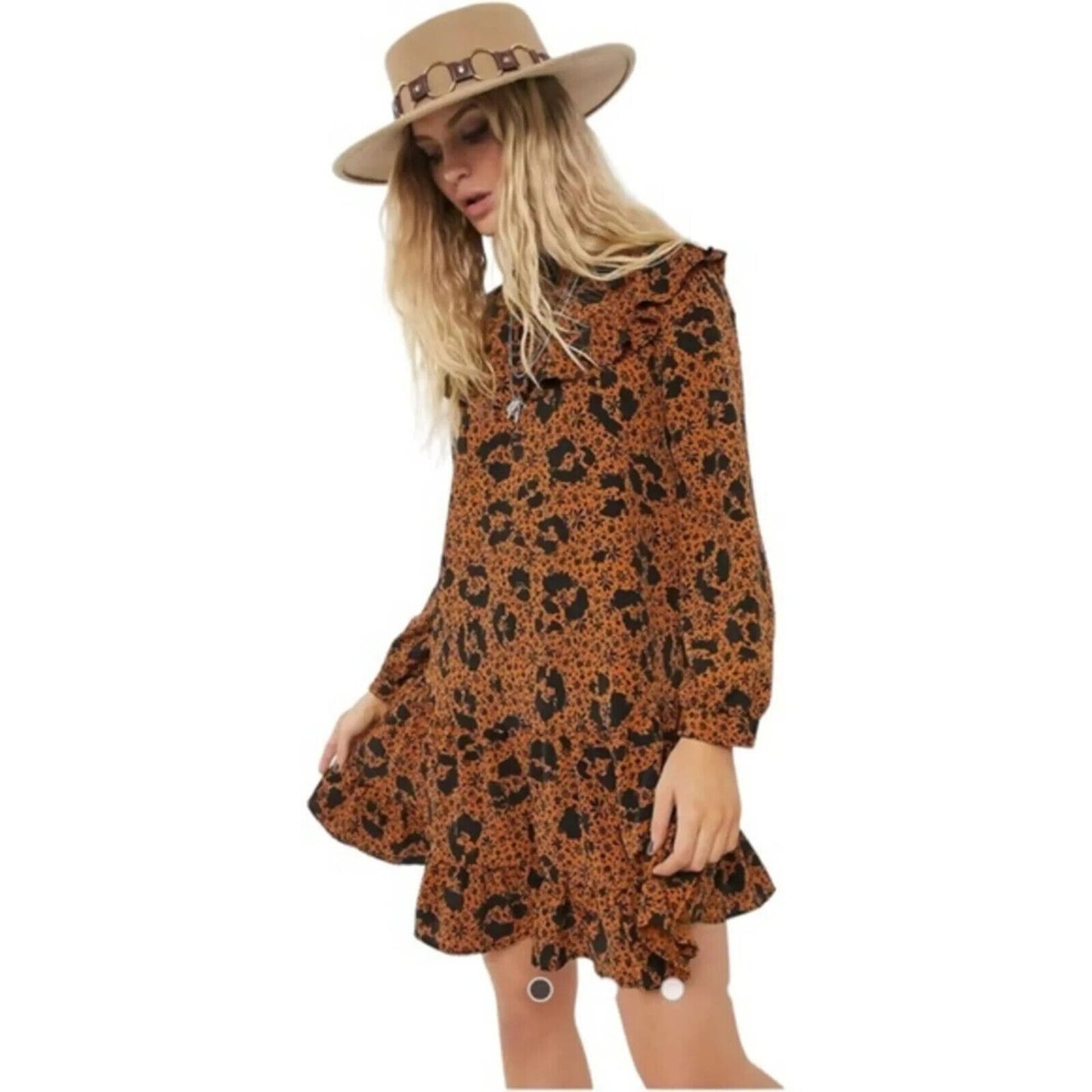 NWT Burnt Orange & Black Floral High Neck Ruffle Long Sleeve Dress 2
