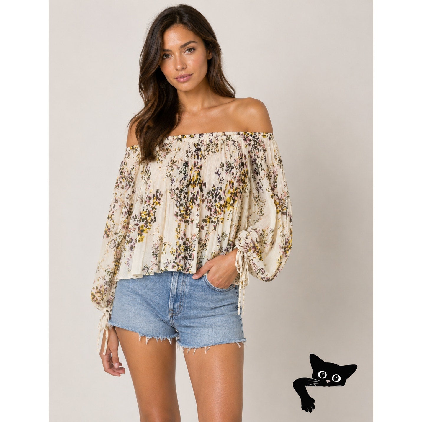 Aritzia Wilfred Talence Cream and Multi Floral Silk Pleated Off Shoulder Top XS