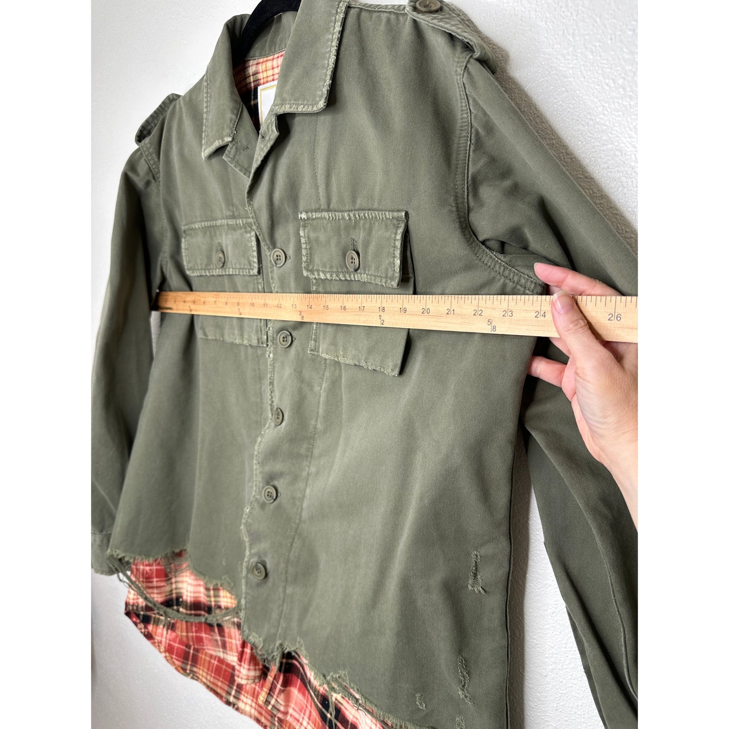 NWT Redemption Handmade Distressed Olive Military Shirt with Plaid Hem 44 / M