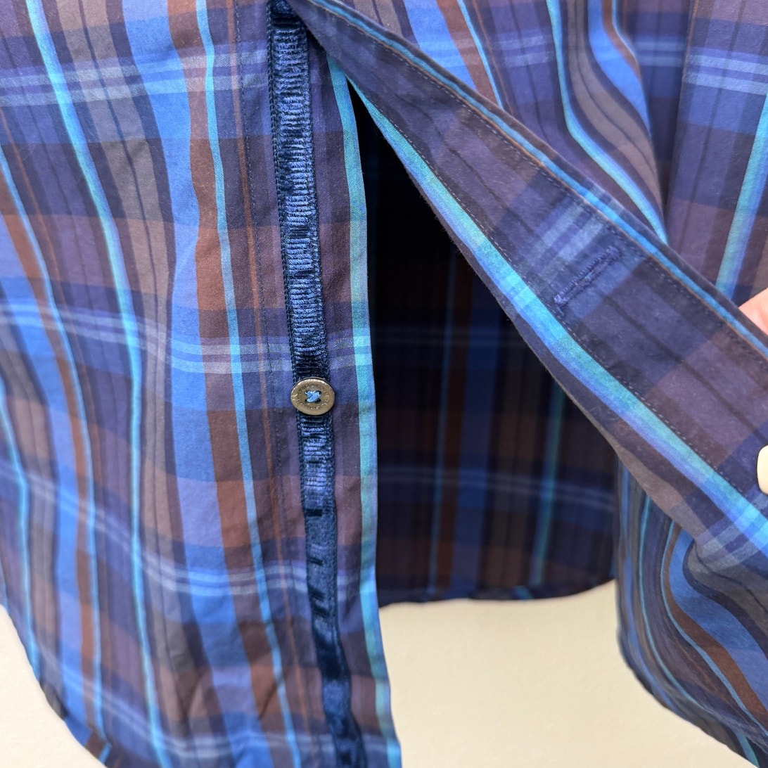 Bugatchi Plaid Button Front Shirt Blue Brown Gray Men’s L