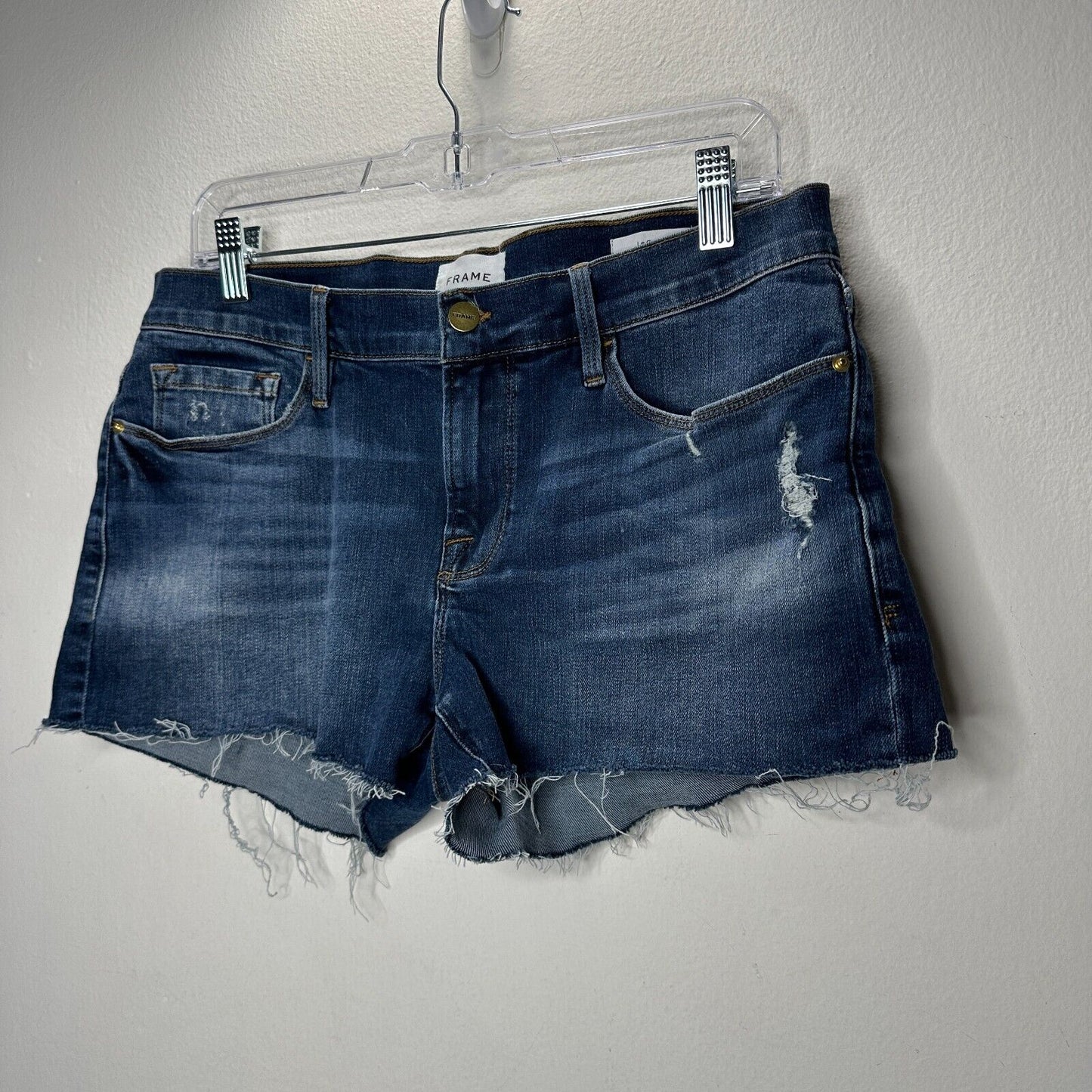 Frame Le Cut Off Azure Jean Shorts Raw Edge Frayed Hem Fading & Whiskering 28
