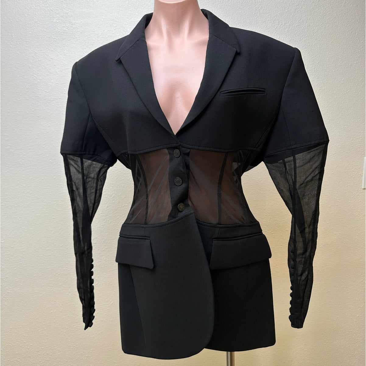 Mugler Black Corseted Blazer Sheer Mesh Sleeves Waist US 8