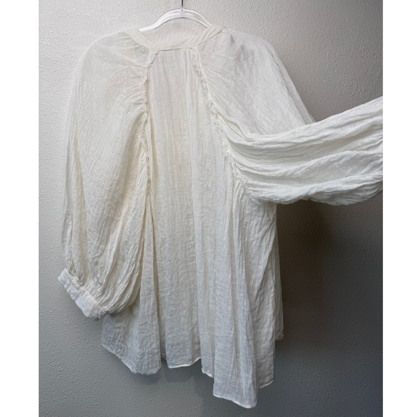 Zara Cream Linen Blend Crinkle V-Neck Boxy Button Front Boho Blouse M/L
