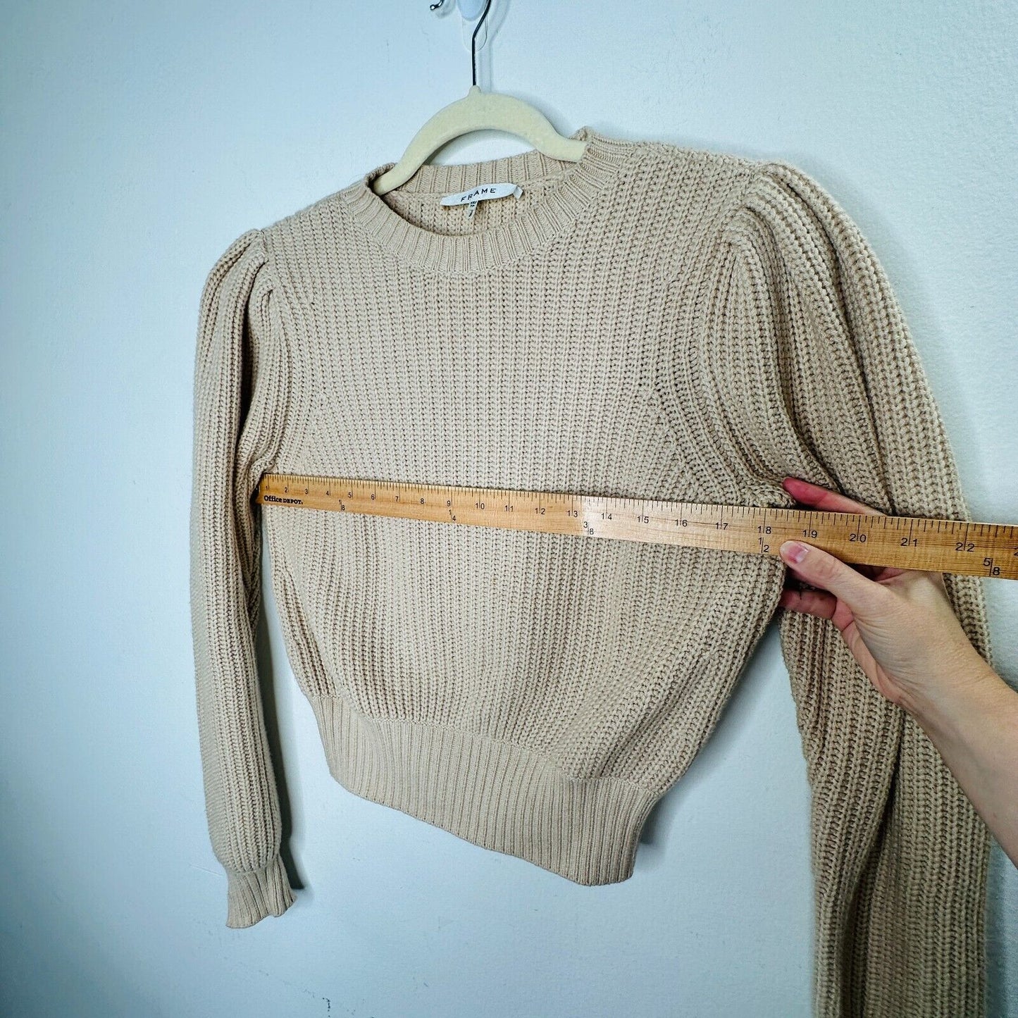 Frame Tan Ribbed Cable Knit Crew Neck Balloon Puff-Sleeve Banded Crop Sweater XS