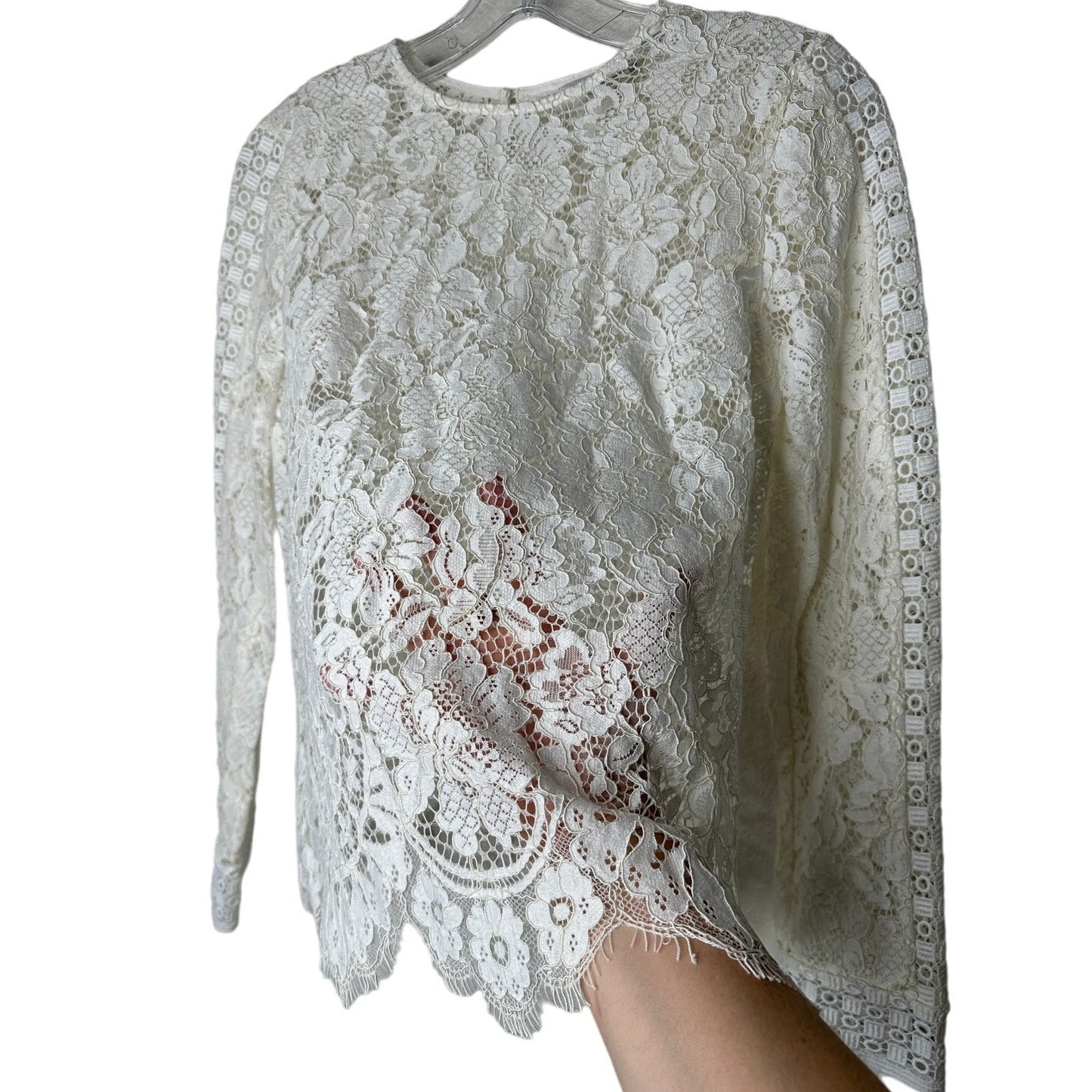 Club Monaco Ivory Floral Lace Round Neck Keyhole Back Long Sleeve Scalloped Hem Blouse XS