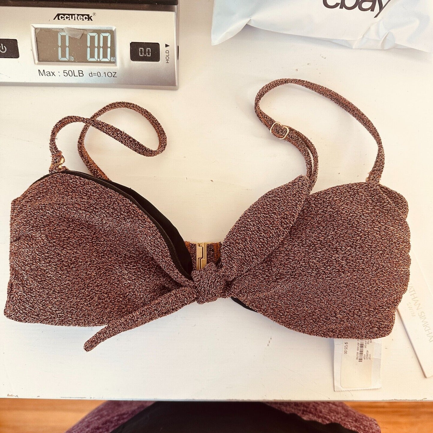 NWT Jonathan Simkhai Katrine Copper Shimmer Bikini Top Tie-Front Bandeau XS