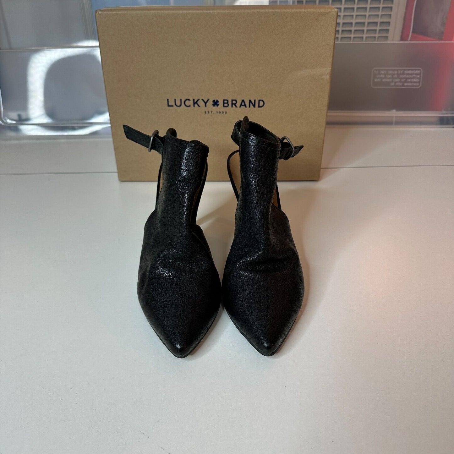 RARE Lucky Brand Ibiza Jet Black Pointed Toe Leather Ankle Strap Stiletto 7.5
