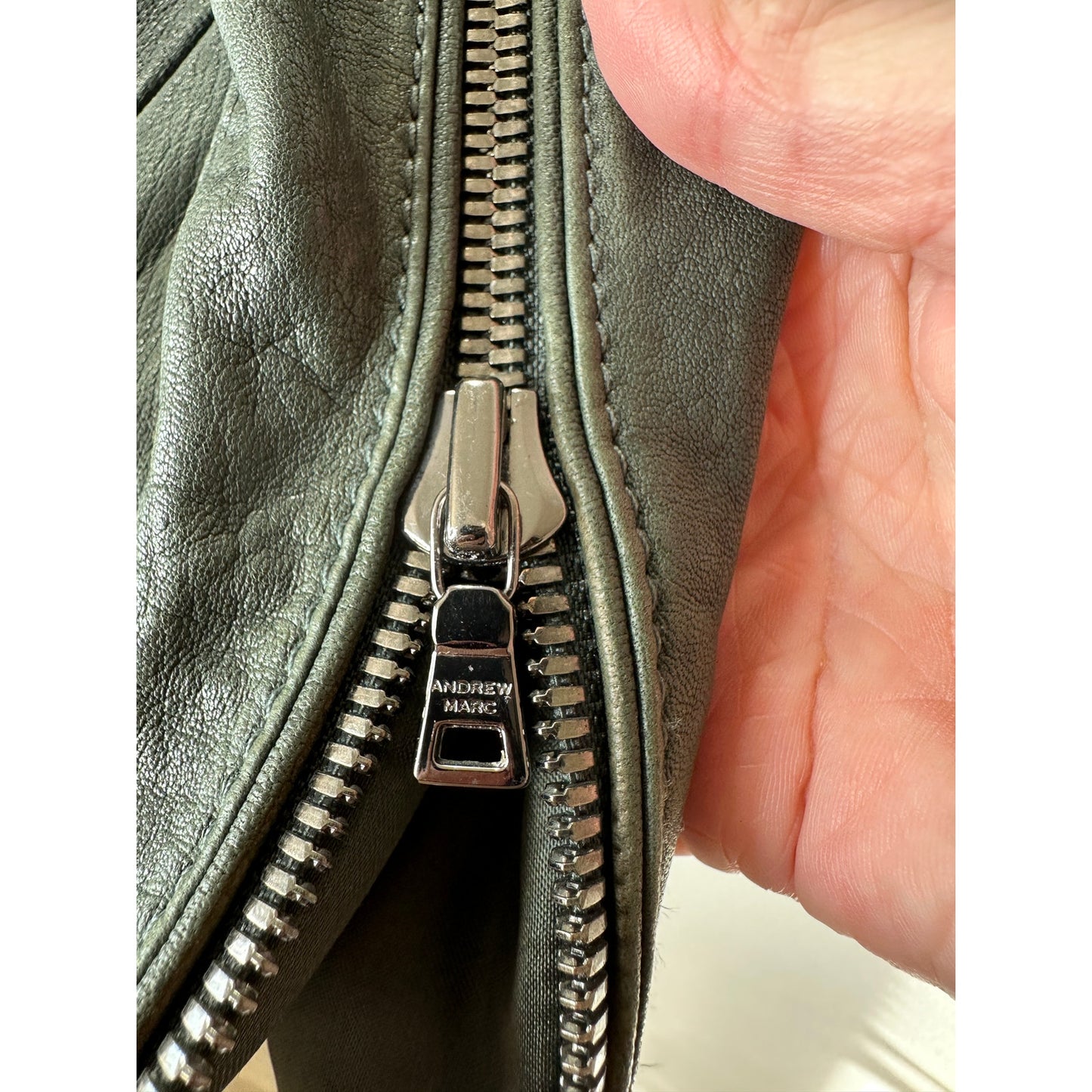 Andrew Marc Olive Green Diagonal Front Zip Leather Moto Jacket XS