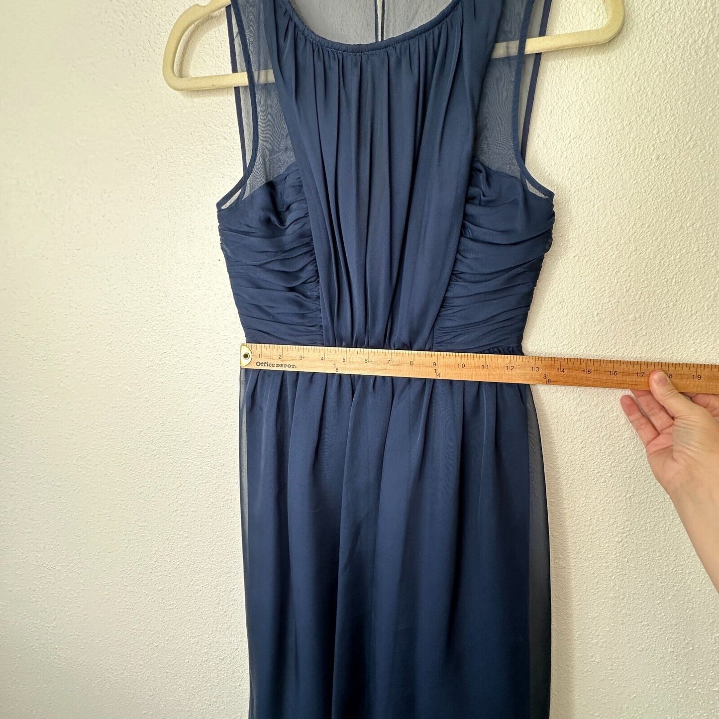 Hitherto Daylily Navy Sheer Shoulder Sleeveless Dress Ruched Side & Back Waist 0