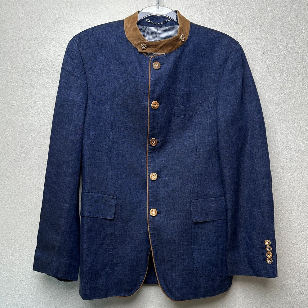 Windsor Men’s Stand-Collar Blue Blazer US 34 (EU 44) Suede Trim
