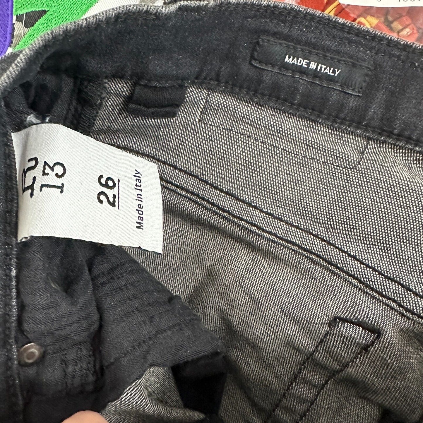 R13 High Rise Aiden Black Stone Wash Skinny Jeans Distressed Knees & Hem Size 26