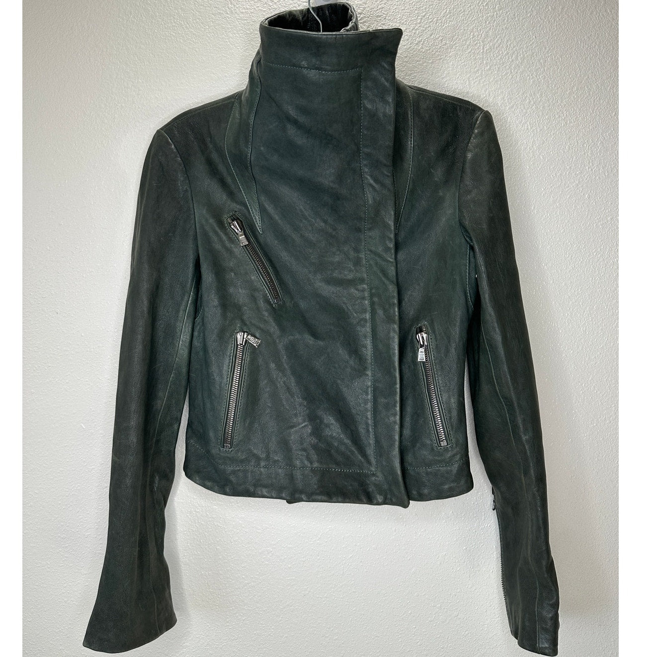 Andrew Marc Olive Green Diagonal Front Zip Leather Moto Jacket XS
