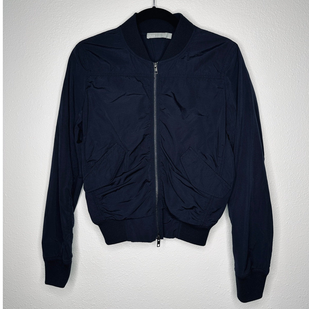 Vince Black Ruched Bomber Style Zip Jacket With Pockets Small