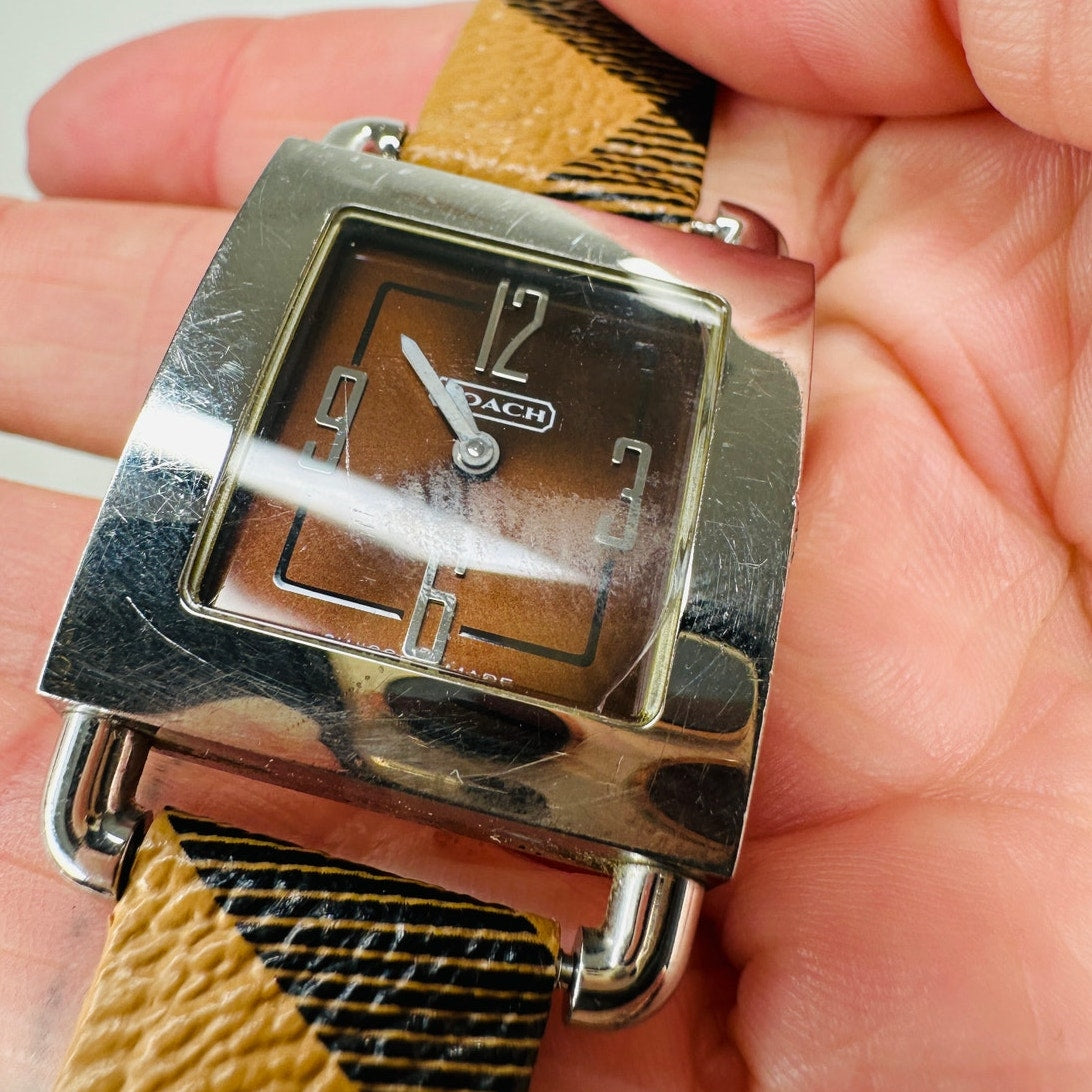 Coach Silver Square Bronze Face Watch Tan Plaid Watchband