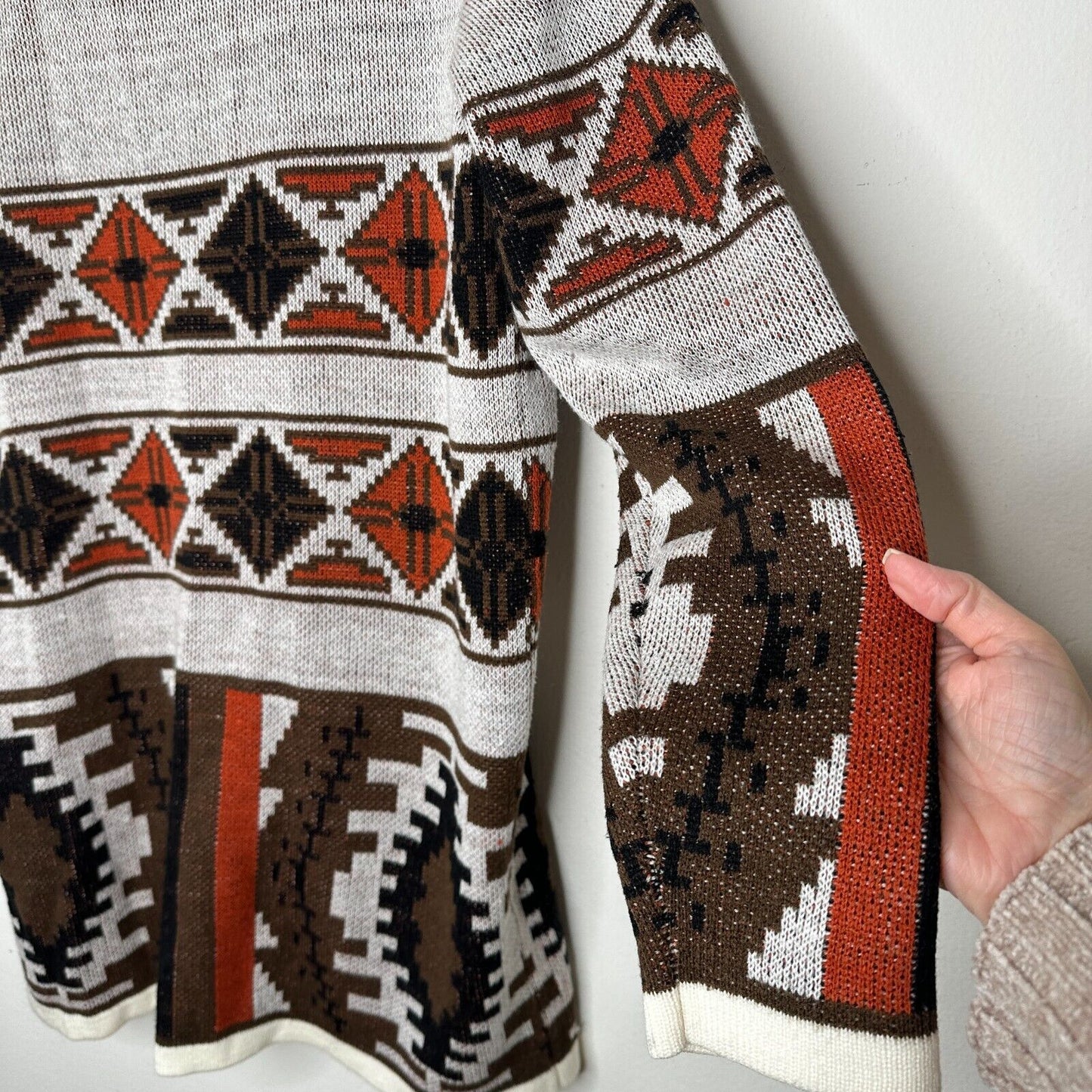 Mags & Pye Cream Brown Rust Native Aztec Print Longline Cardigan Sweater Medium