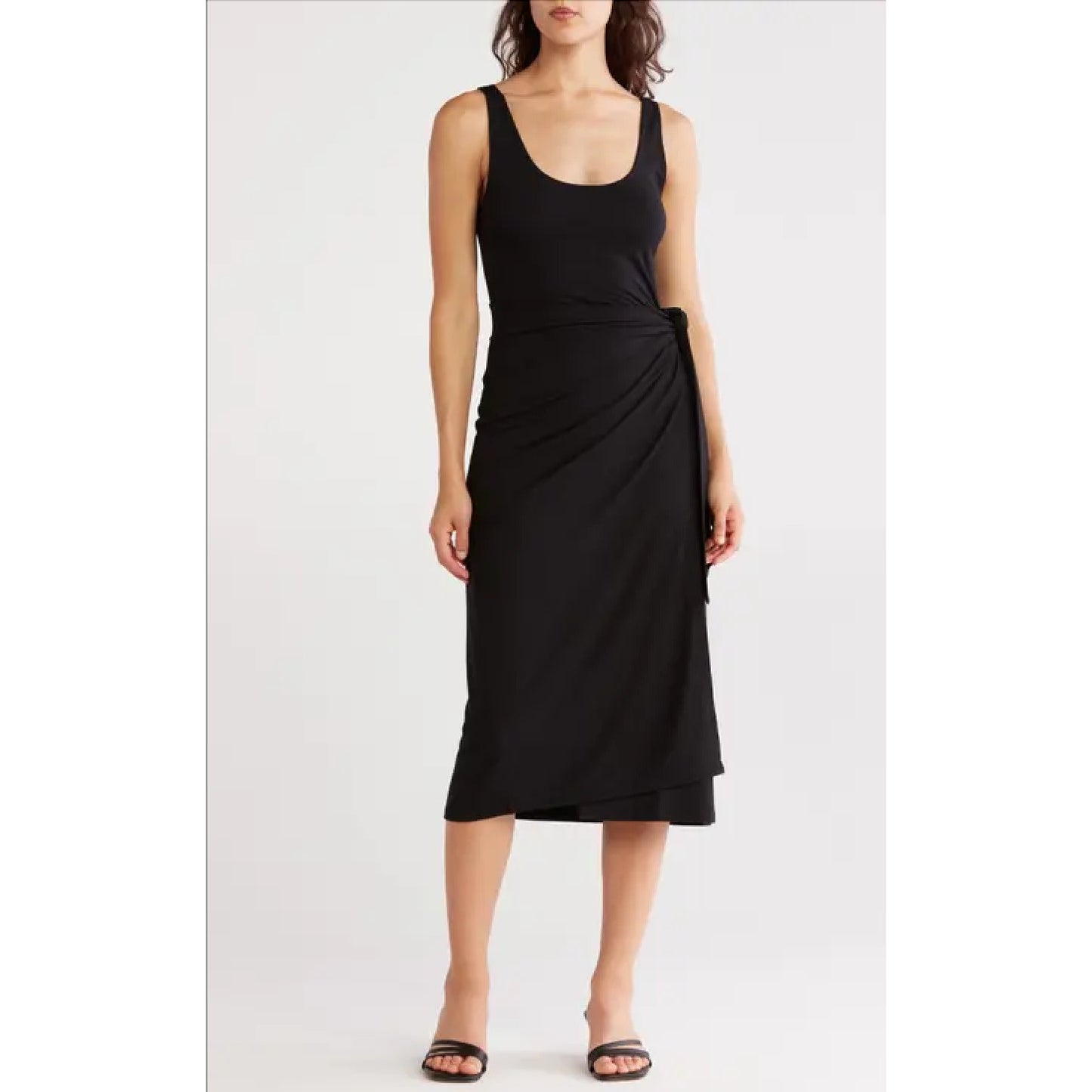 Vince Black Faux Wrap Tank Midi Dress XS Sleeveless Stretch Jersey