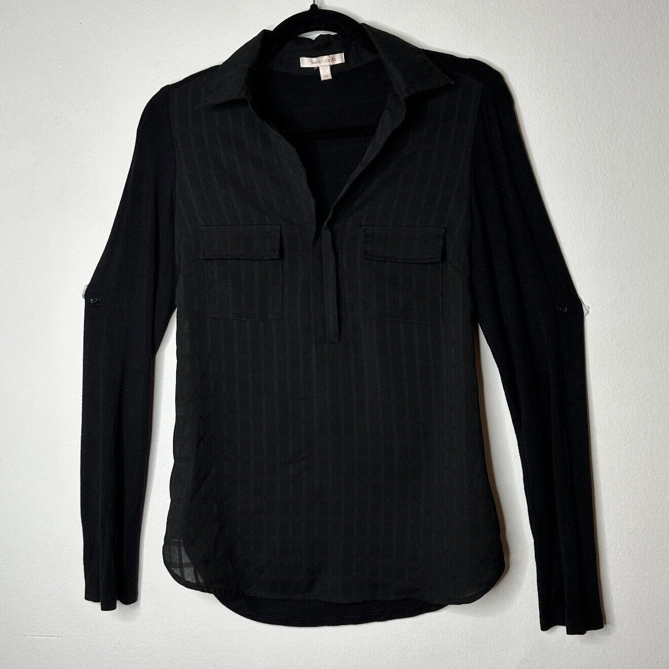 Skies Are Blue Black Stripe Stretch Front Pockets Long Sleeve Collar Blouse XS