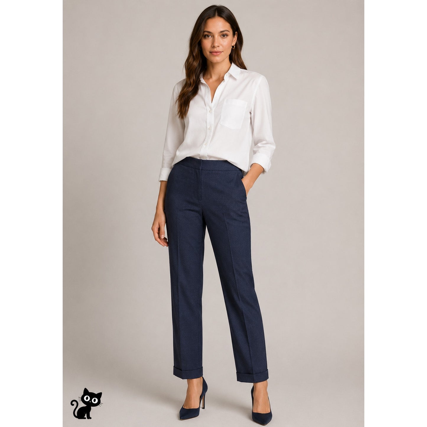 Zara Navy Blue Micro Tweed Straight Leg Cuffed Trouser Pant 6