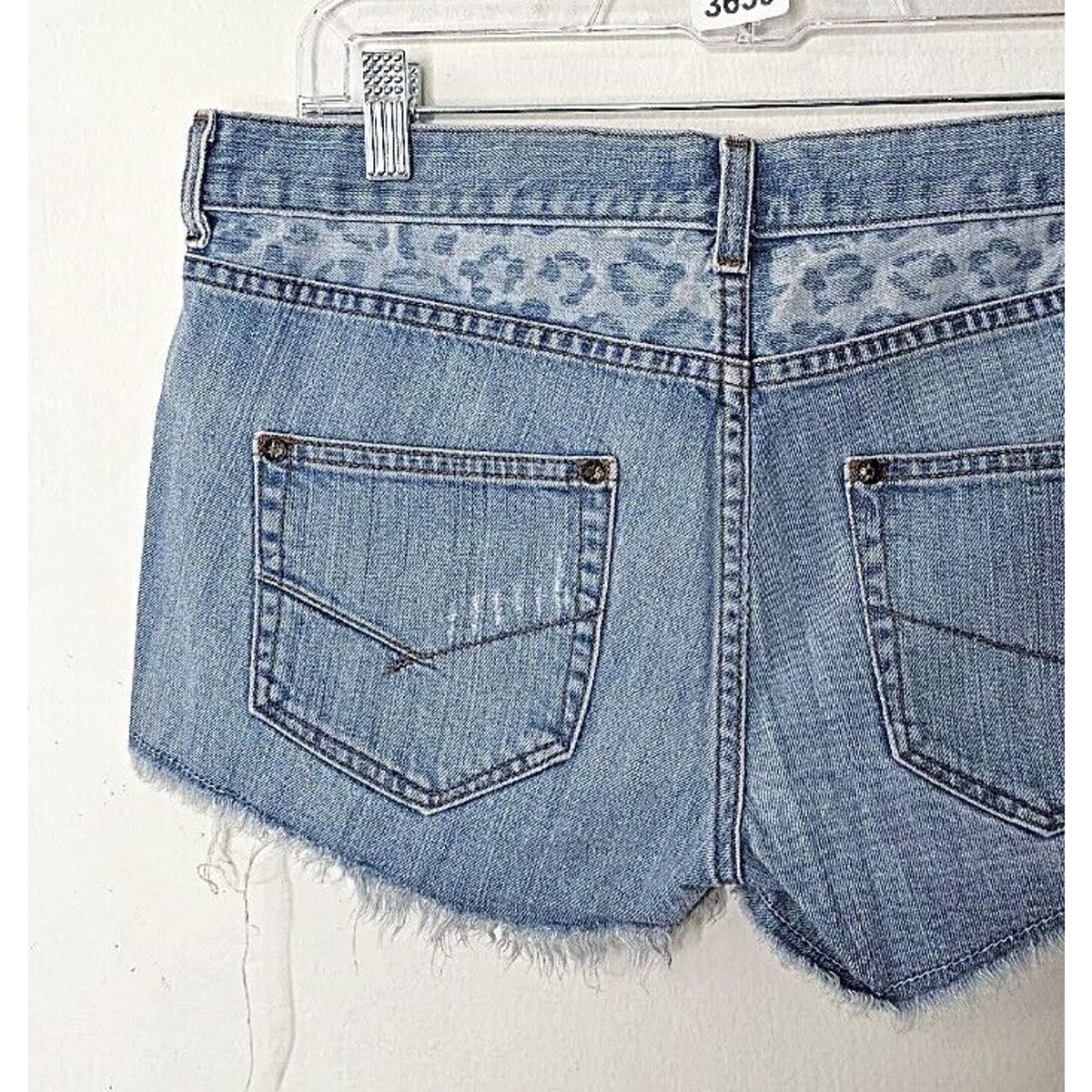 RARE Vans X Jesse Jo Medium -Wash Leopard Print Waist Raw Hem Jean Shorts 11