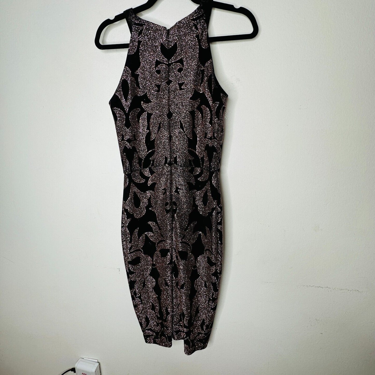 B&A Betsy & Adam Black and Rose Gold Glitter Sleeveless Fitted Halter Dress 6