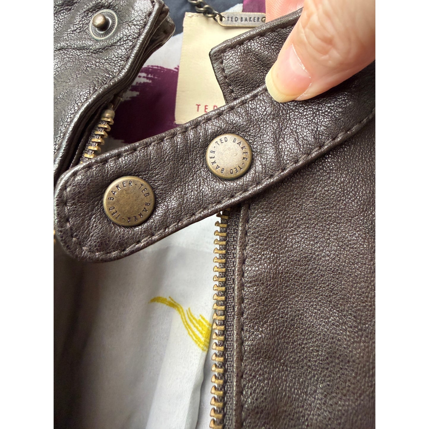 Ted Baker Brown Leather Jacket Womens US 6 Moto Gathered Zip