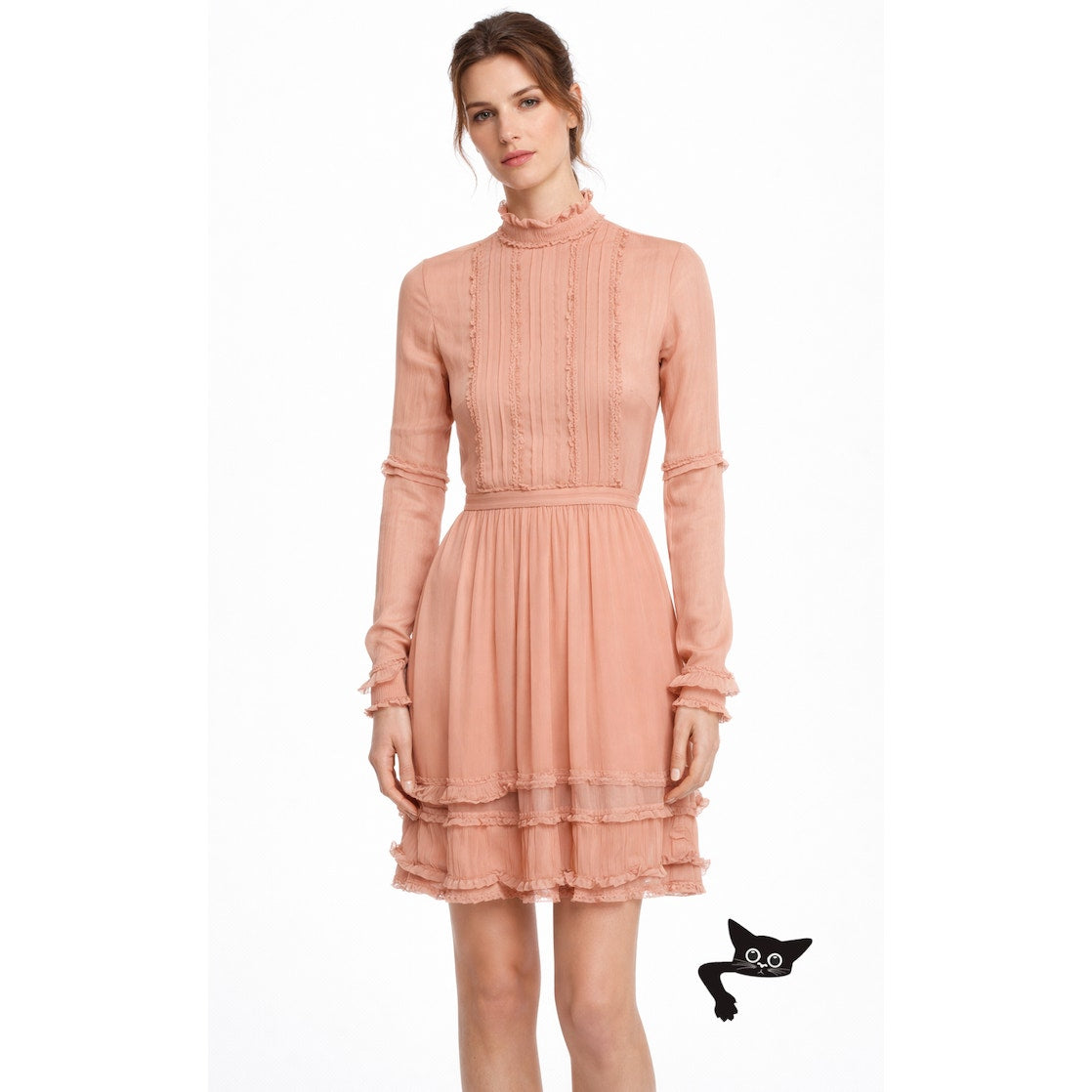 Nicholas Peachy Pink Fine Pleat Silk Long Sleeve Mini Ruffles High Neck Dress 0