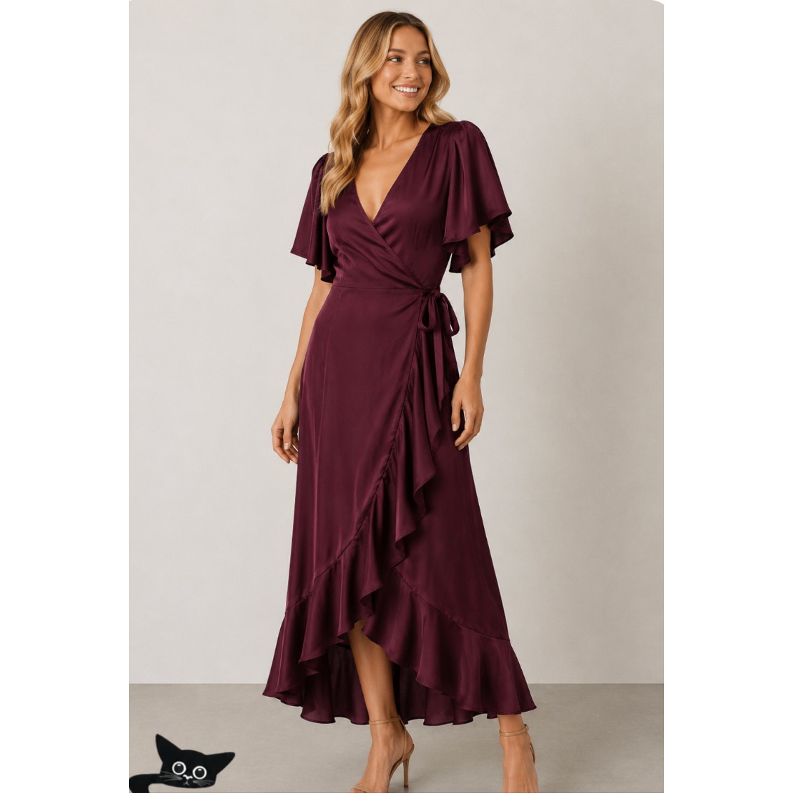 Chelsea28 Burgundy Maroon Flutter Sleeve Ruffle V-Neck Wrap Dress S