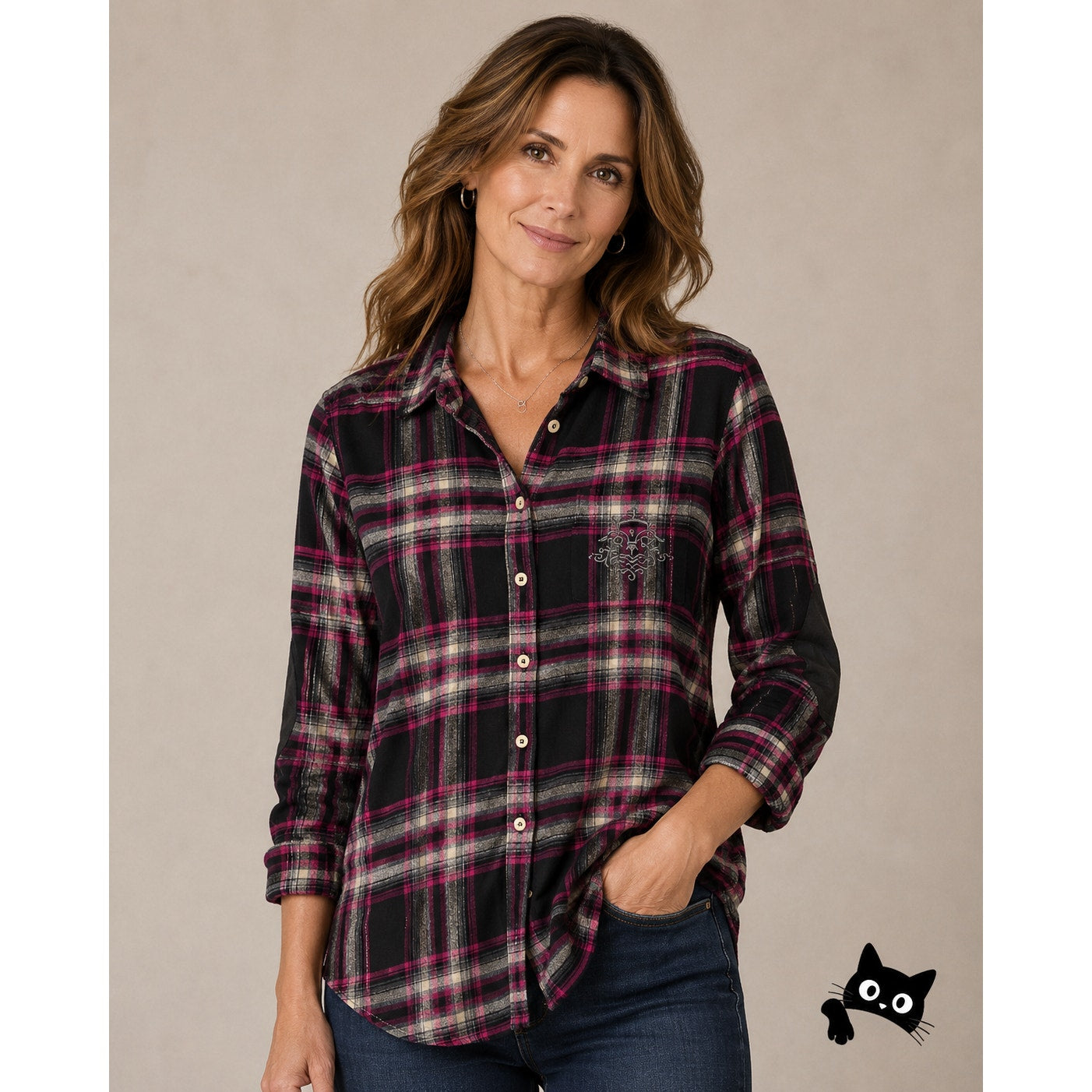 Soft Surroundings Magenta Black Plaid Button Elbow Patch Embroidered Pocket M