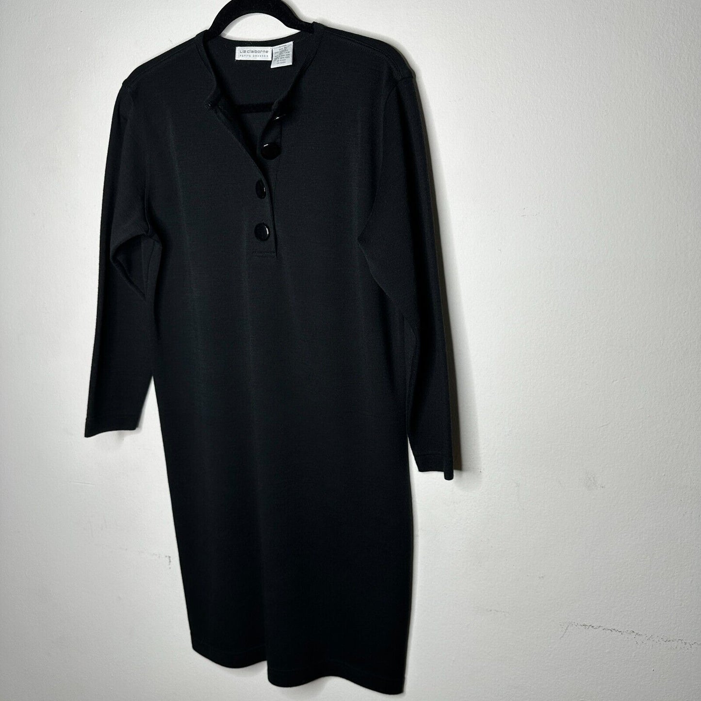 Liz Claiborne Black Henley V-Style Half Button 3/4 Sleeve Wool Dress M